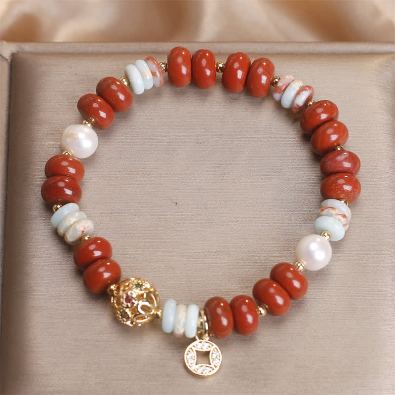 Buddha Stones レッドジャスパー・ショウシャン石そろばん玉銅貨守護ブレスレット - image 3