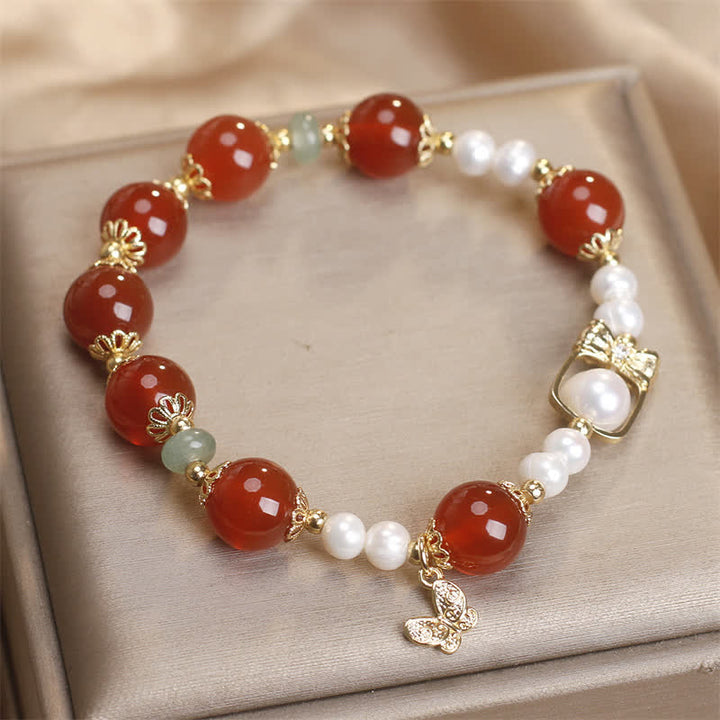 Buddha Stones 天然レッドアゲートパールバタフライ自己受容ブレスレット - image 1