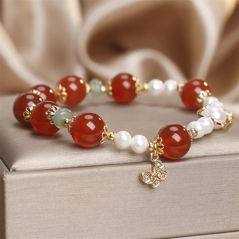 Buddha Stones 天然レッドアゲートパールバタフライ自己受容ブレスレット - image 4