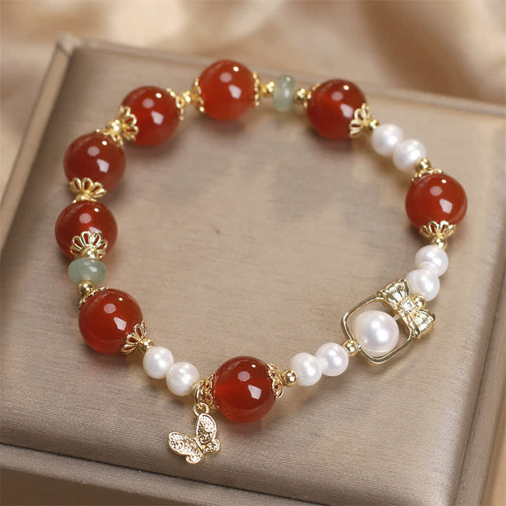 Buddha Stones 天然レッドアゲートパールバタフライ自己受容ブレスレット - image 2