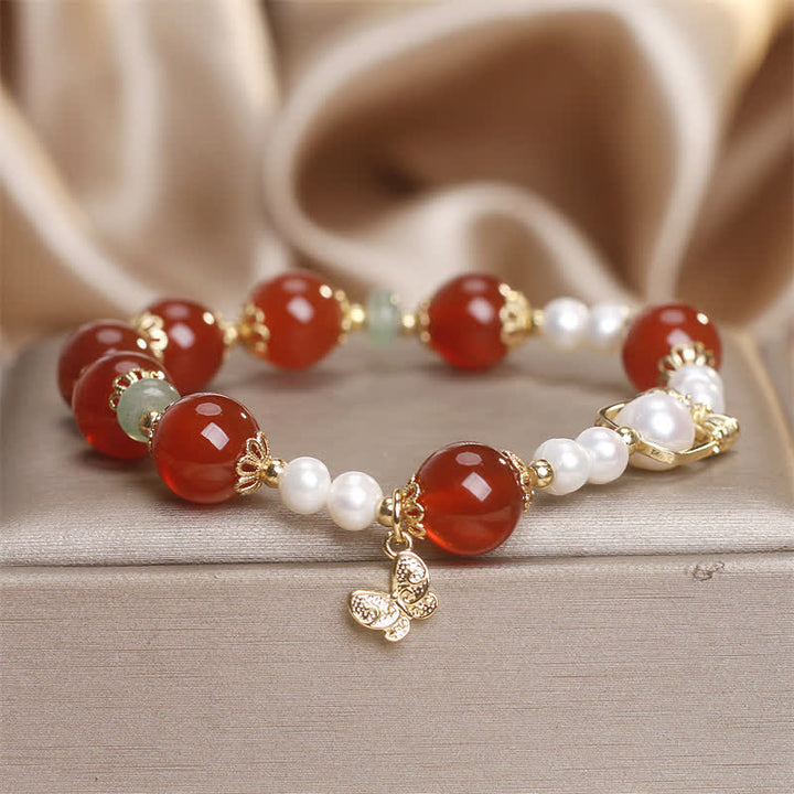 Buddha Stones 天然レッドアゲートパールバタフライ自己受容ブレスレット - レッドアゲート（手首周り15～16cm） - image 0