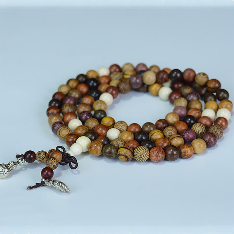 Buddha Stones 108個のビーズ、マルチトーンの天然木製、穏やかなエネルギーマーラー数珠 - image 1
