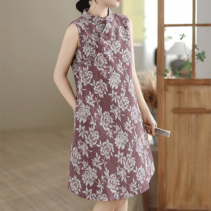 Buddha Stones フロッグボタン付きマンダリンカラー花柄ノースリーブコットンミニドレス（ポケット付き） - image 7