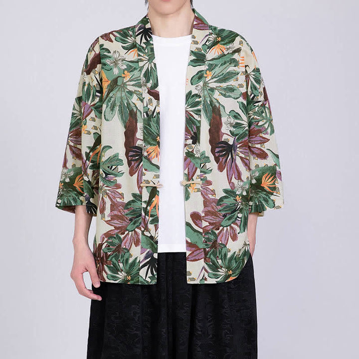 Buddha Stones 夏のトロピカルリーフ柄リネン混紡メンズ半袖着物 - 象牙 - US/UK/AU46、 EU56 (5XL) - image 4