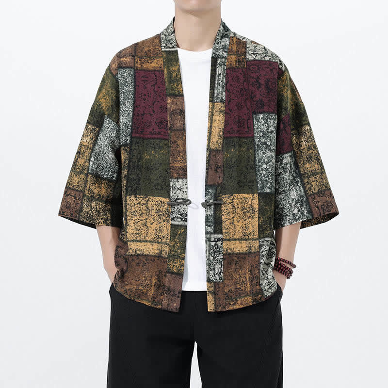 Buddha Stones 夏のトロピカルリーフ柄リネン混紡メンズ半袖着物 - オリーブドラブ - US/UK/AU46、 EU56 (5XL) - image 18