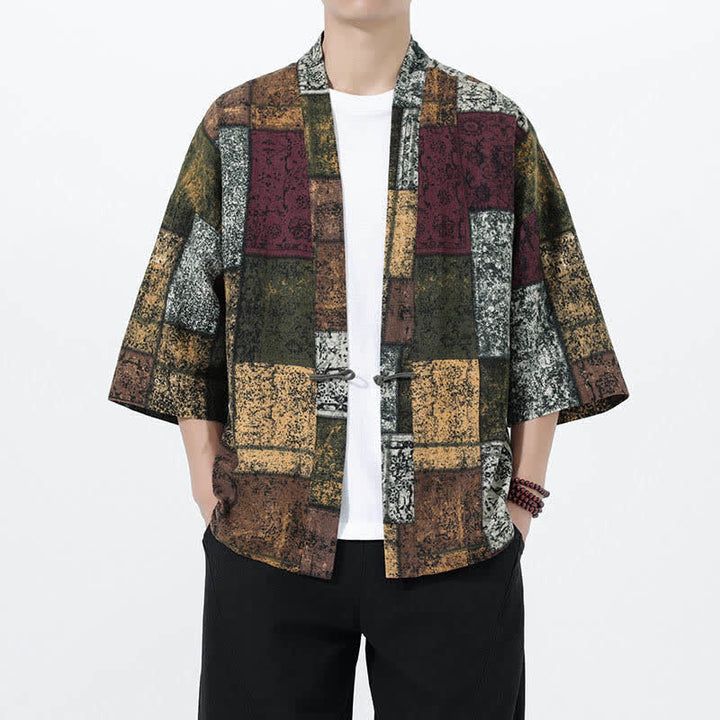 Buddha Stones 夏のトロピカルリーフ柄リネン混紡メンズ半袖着物 - オリーブドラブ - US/UK/AU46、 EU56 (5XL) - image 18