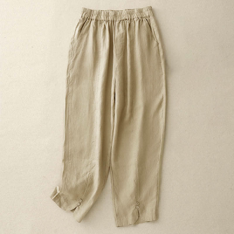 Buddha Stones 夏用リネン素材のレディーステーパードパンツ（ポケット付き） - 小麦 - US8-10，UK/AU12-14，EU40-42 (2XL) - image 5