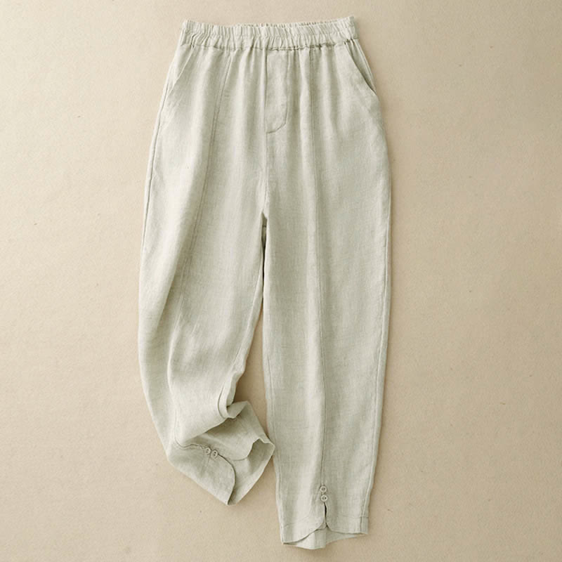 Buddha Stones 夏用リネン素材のレディーステーパードパンツ（ポケット付き） - ベージュ - US8-10，UK/AU12-14，EU40-42 (2XL) - image 8