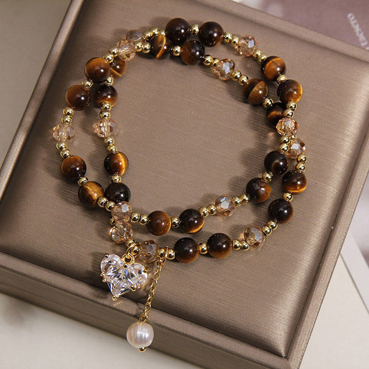 Buddha Stones 天然タイガーアイ ラブハート ダブルラップ守護ブレスレット - image 2