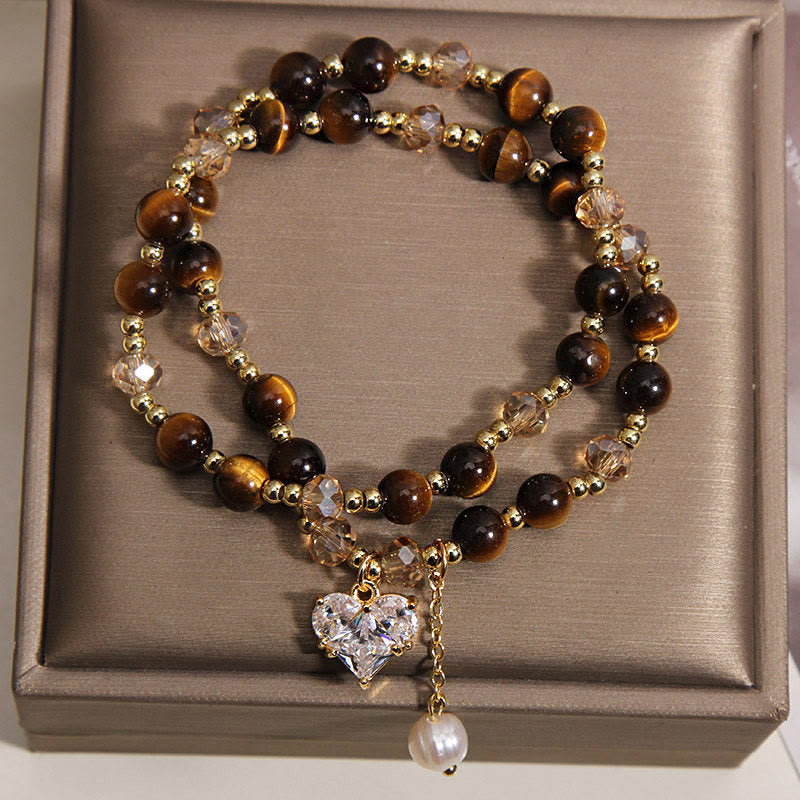 Buddha Stones 天然タイガーアイ ラブハート ダブルラップ守護ブレスレット - image 1