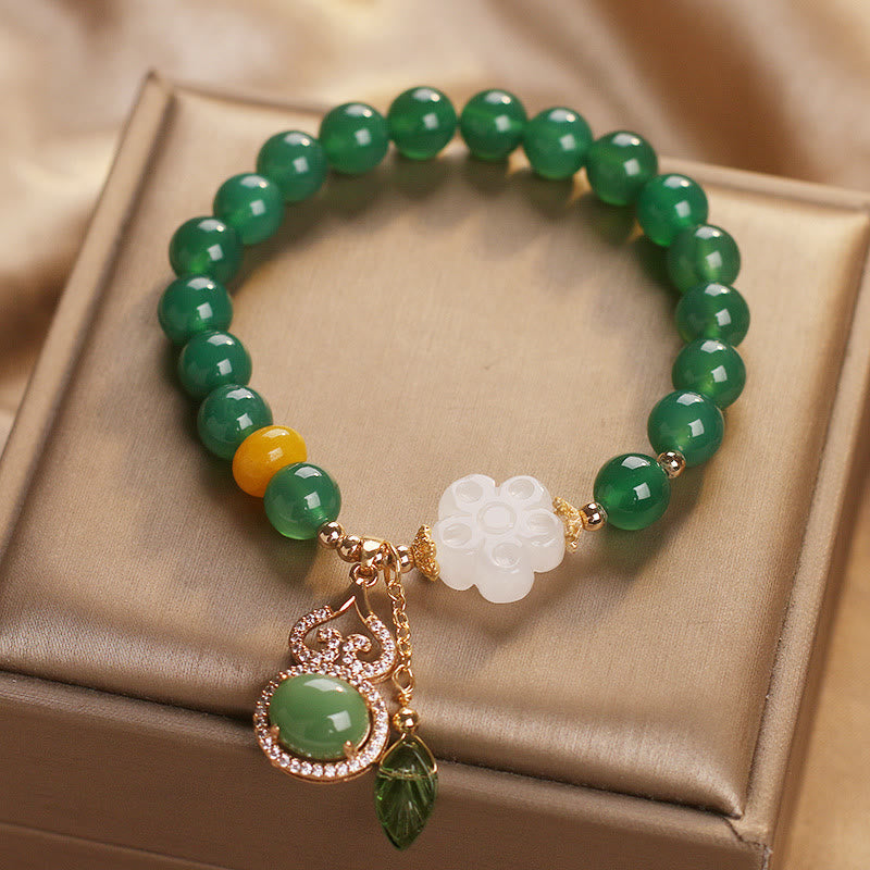 Buddha Stones 緑瑪瑙白翡翠花ひょうたん葉チャームサポートブレスレット - image 7