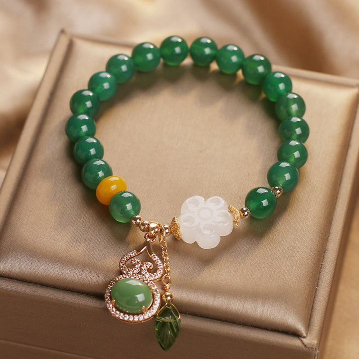 Buddha Stones 緑瑪瑙白翡翠花ひょうたん葉チャームサポートブレスレット - image 7