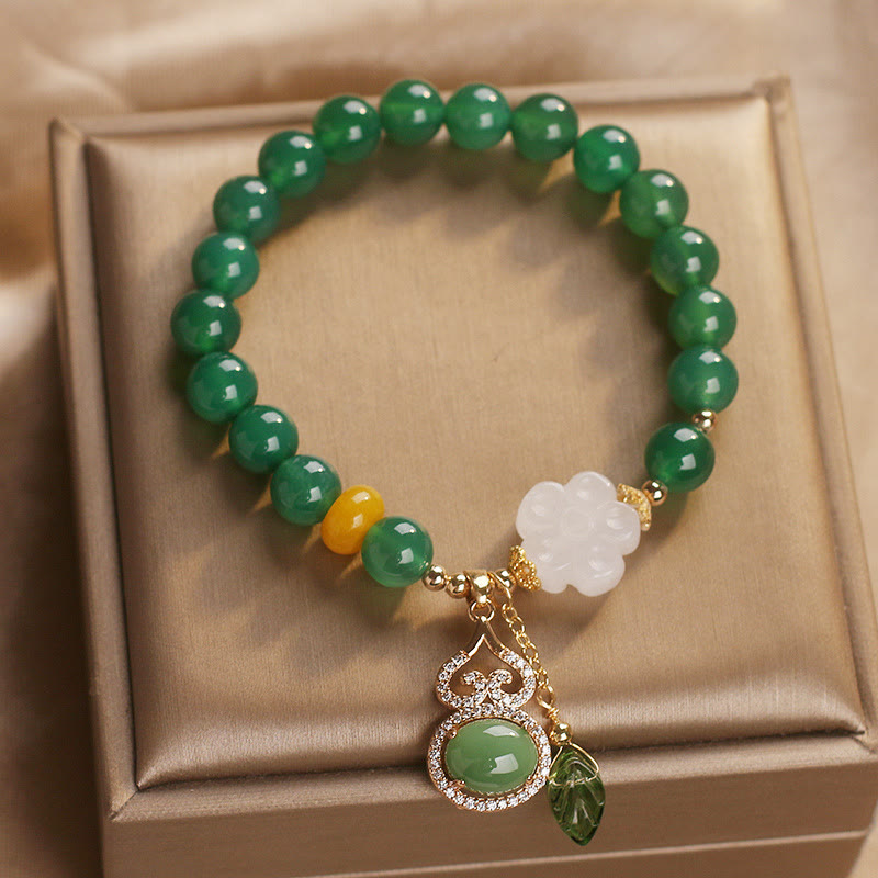 Buddha Stones 緑瑪瑙白翡翠花ひょうたん葉チャームサポートブレスレット - image 1