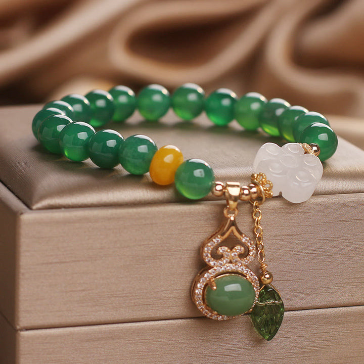Buddha Stones 緑瑪瑙白翡翠花ひょうたん葉チャームサポートブレスレット - image 3