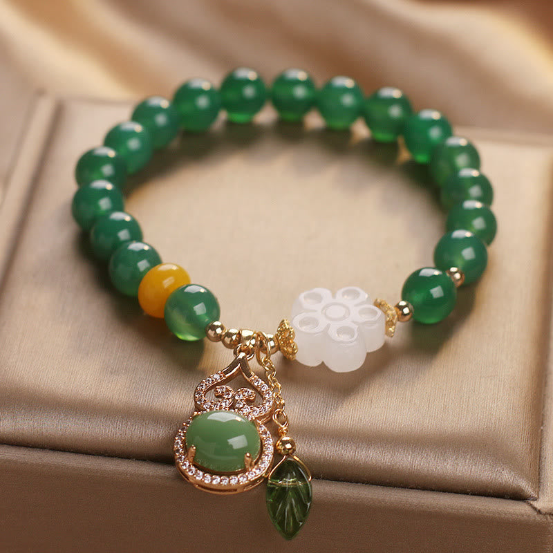 Buddha Stones 緑瑪瑙白翡翠花ひょうたん葉チャームサポートブレスレット - image 2