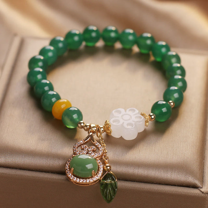 Buddha Stones 緑瑪瑙白翡翠花ひょうたん葉チャームサポートブレスレット - image 2