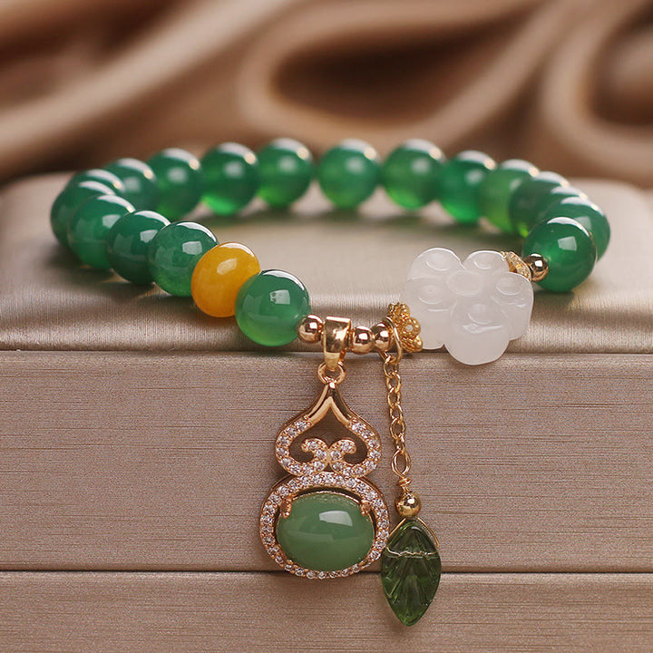 Buddha Stones 緑瑪瑙白翡翠花ひょうたん葉チャームサポートブレスレット - image 8