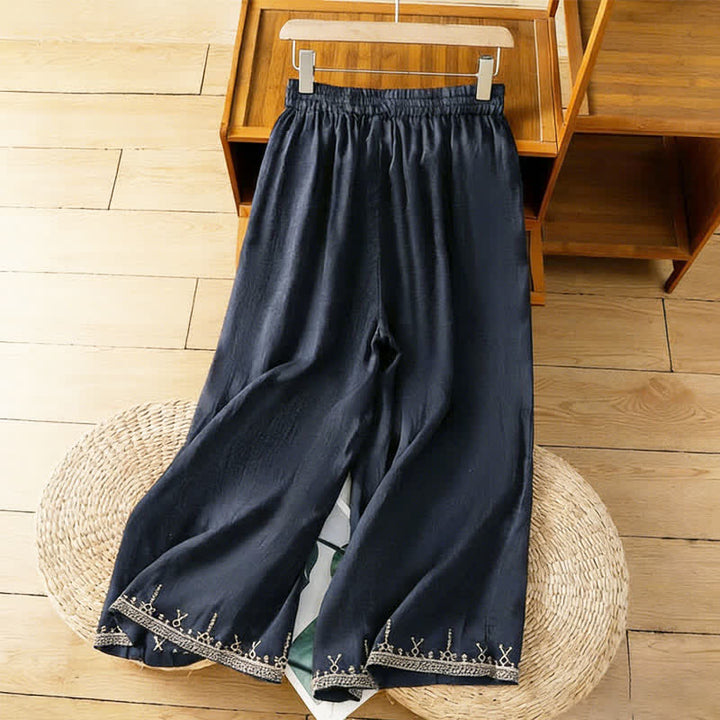 Buddha Stones 夏物 ボヘミアン風刺繍入り無地 レディース ワイドレッグパンツ（ポケット付き） - ミッドナイトブルー - US8-10，UK/AU12-14，EU40-42 (2XL) - image 0