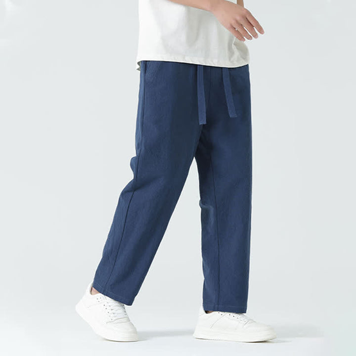 Buddha Stones 夏用コットン素材、ミニマルデザイン、伸縮性ウエスト、メンズストレートパンツ（ポケット付き） - image 4