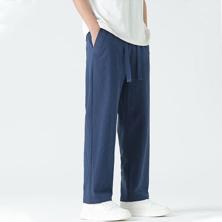 Buddha Stones 夏用コットン素材、ミニマルデザイン、伸縮性ウエスト、メンズストレートパンツ（ポケット付き） - image 7