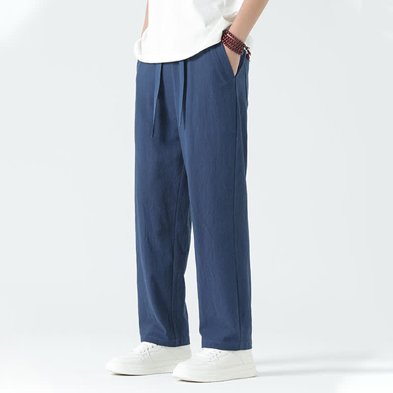 Buddha Stones 夏用コットン素材、ミニマルデザイン、伸縮性ウエスト、メンズストレートパンツ（ポケット付き） - image 5