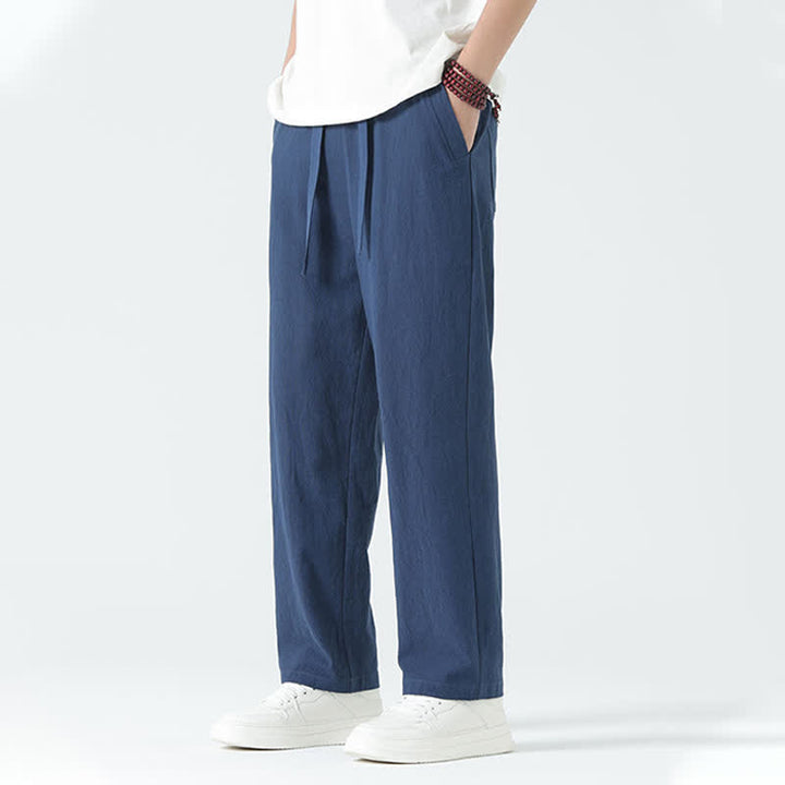 Buddha Stones 夏用コットン素材、ミニマルデザイン、伸縮性ウエスト、メンズストレートパンツ（ポケット付き） - image 5