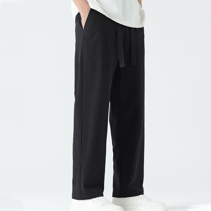 Buddha Stones 夏用コットン素材、ミニマルデザイン、伸縮性ウエスト、メンズストレートパンツ（ポケット付き） - image 13