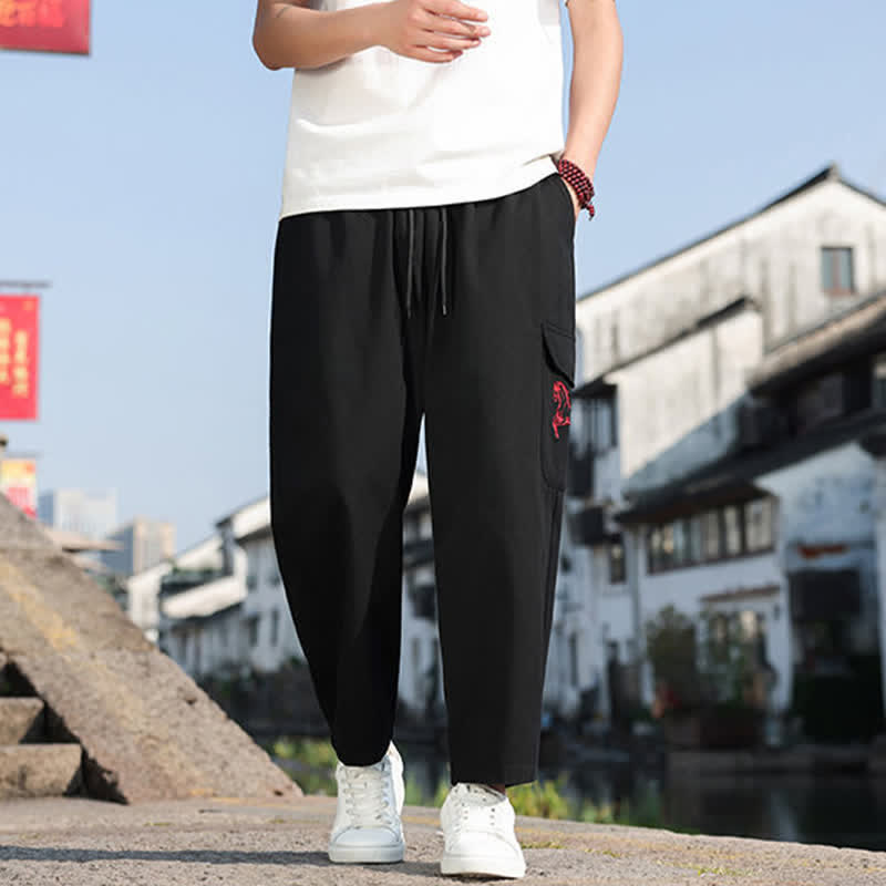 Buddha Stones 夏物カジュアル ドローストリング刺繍入りメンズハーレムパンツ（ポケット付き） - 黒 - US/UK/AU46、 EU56 (5XL) - image 0