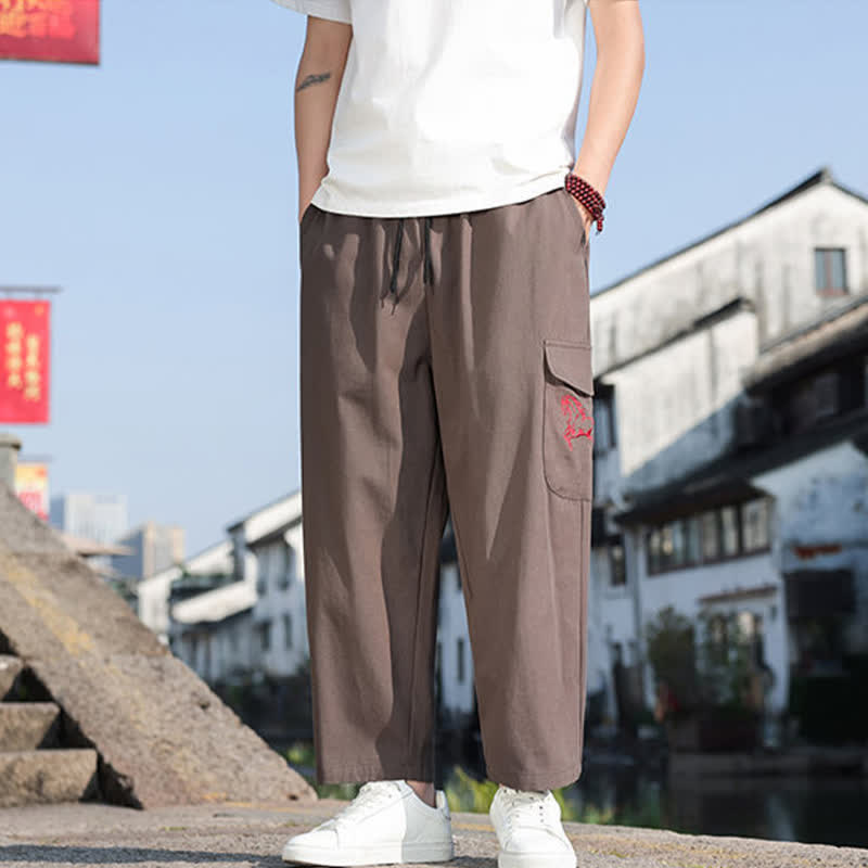 Buddha Stones 夏物カジュアル ドローストリング刺繍入りメンズハーレムパンツ（ポケット付き） - image 15