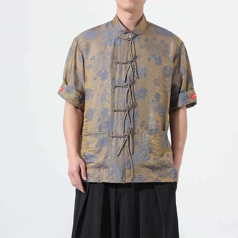 Buddha Stones 夏物 唐風 マンダリンカラー 花柄ジャカード メンズ 半袖シャツ ポケット付き - グレー - US/UK/AU46、 EU56 (5XL) - image 0