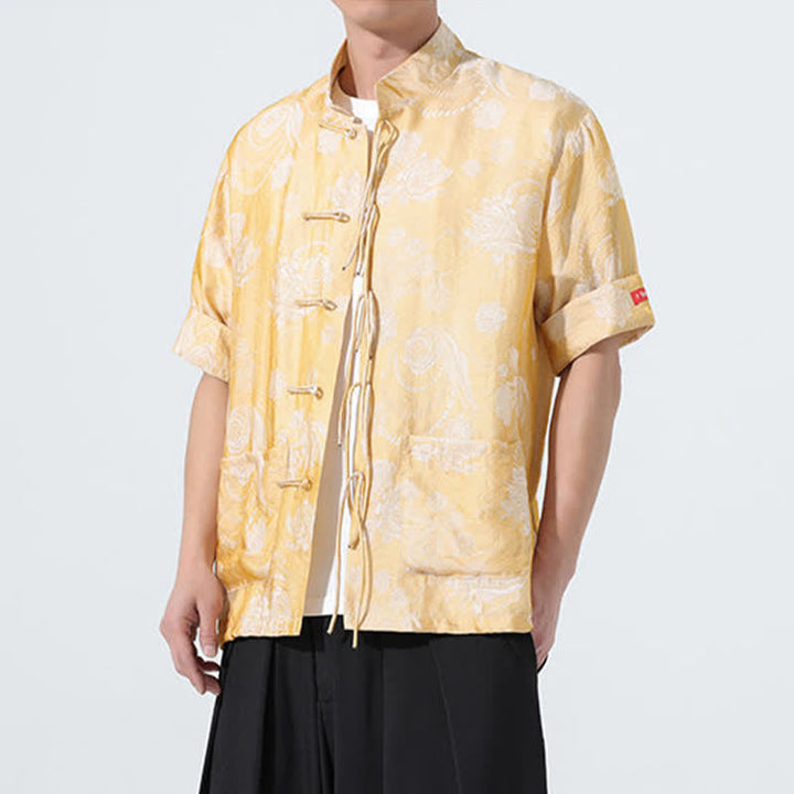 Buddha Stones 夏物 唐風 マンダリンカラー 花柄ジャカード メンズ 半袖シャツ ポケット付き - image 20