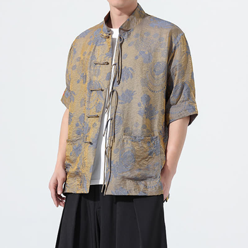Buddha Stones 夏物 唐風 マンダリンカラー 花柄ジャカード メンズ 半袖シャツ ポケット付き - image 2