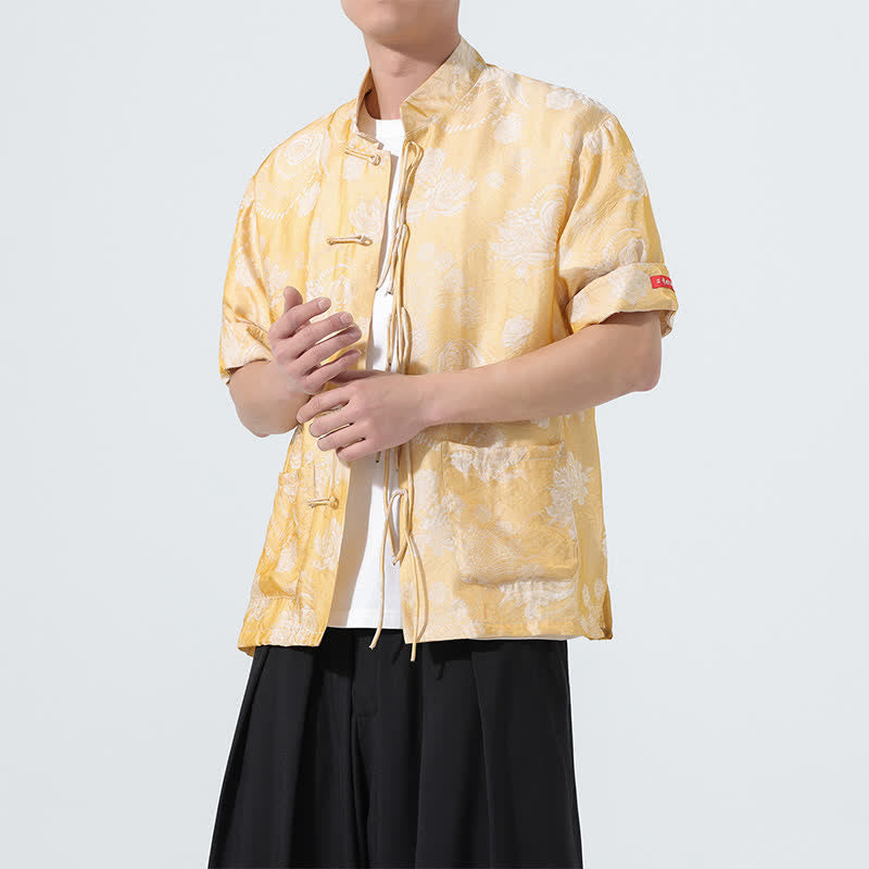 Buddha Stones 夏物 唐風 マンダリンカラー 花柄ジャカード メンズ 半袖シャツ ポケット付き - image 19