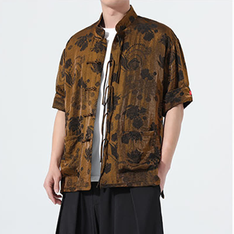 Buddha Stones 夏物 唐風 マンダリンカラー 花柄ジャカード メンズ 半袖シャツ ポケット付き - image 26
