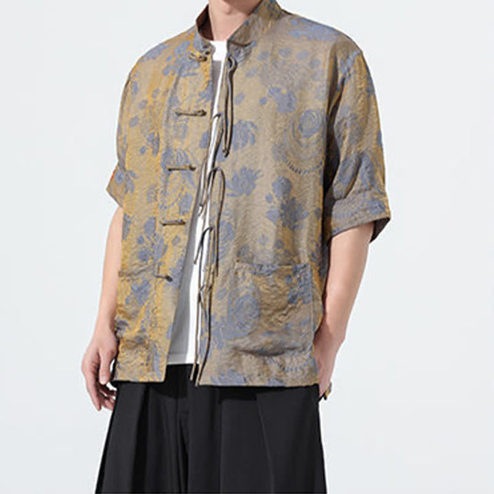 Buddha Stones 夏物 唐風 マンダリンカラー 花柄ジャカード メンズ 半袖シャツ ポケット付き - image 7
