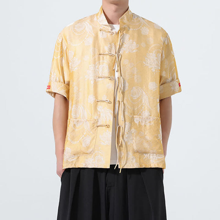 Buddha Stones 夏物 唐風 マンダリンカラー 花柄ジャカード メンズ 半袖シャツ ポケット付き - image 14