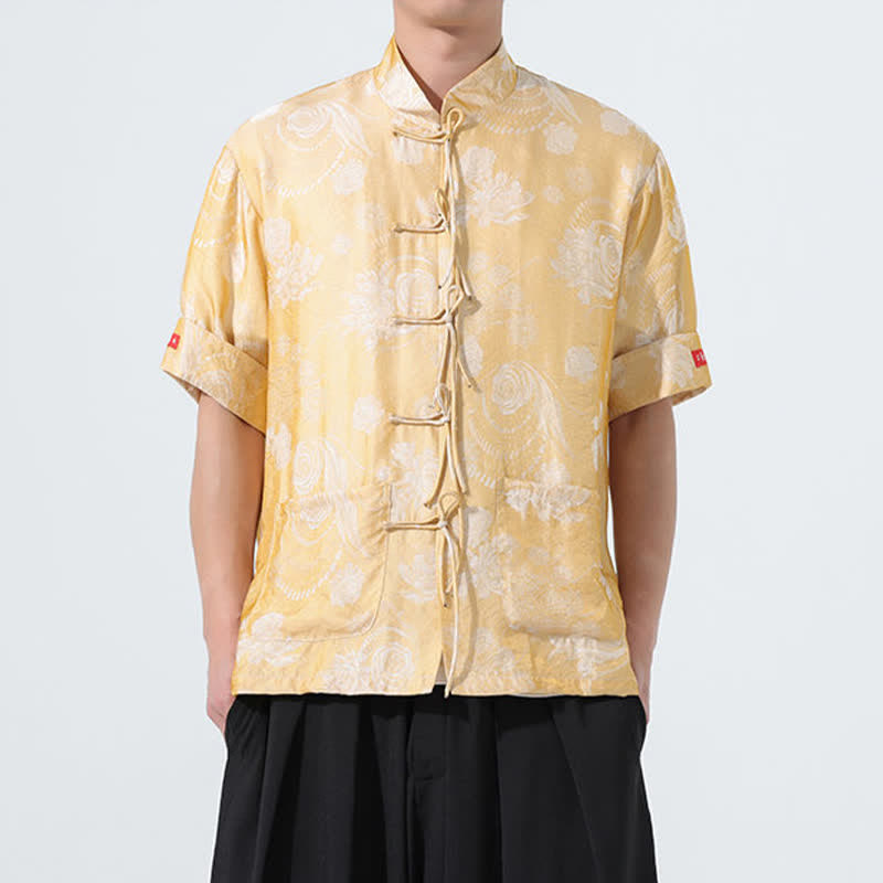 Buddha Stones 夏物 唐風 マンダリンカラー 花柄ジャカード メンズ 半袖シャツ ポケット付き - ダークカーキ - US/UK/AU46、 EU56 (5XL) - image 13