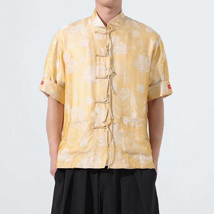 Buddha Stones 夏物 唐風 マンダリンカラー 花柄ジャカード メンズ 半袖シャツ ポケット付き - ダークカーキ - US/UK/AU46、 EU56 (5XL) - image 13