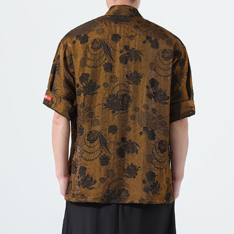 Buddha Stones 夏物 唐風 マンダリンカラー 花柄ジャカード メンズ 半袖シャツ ポケット付き - image 23