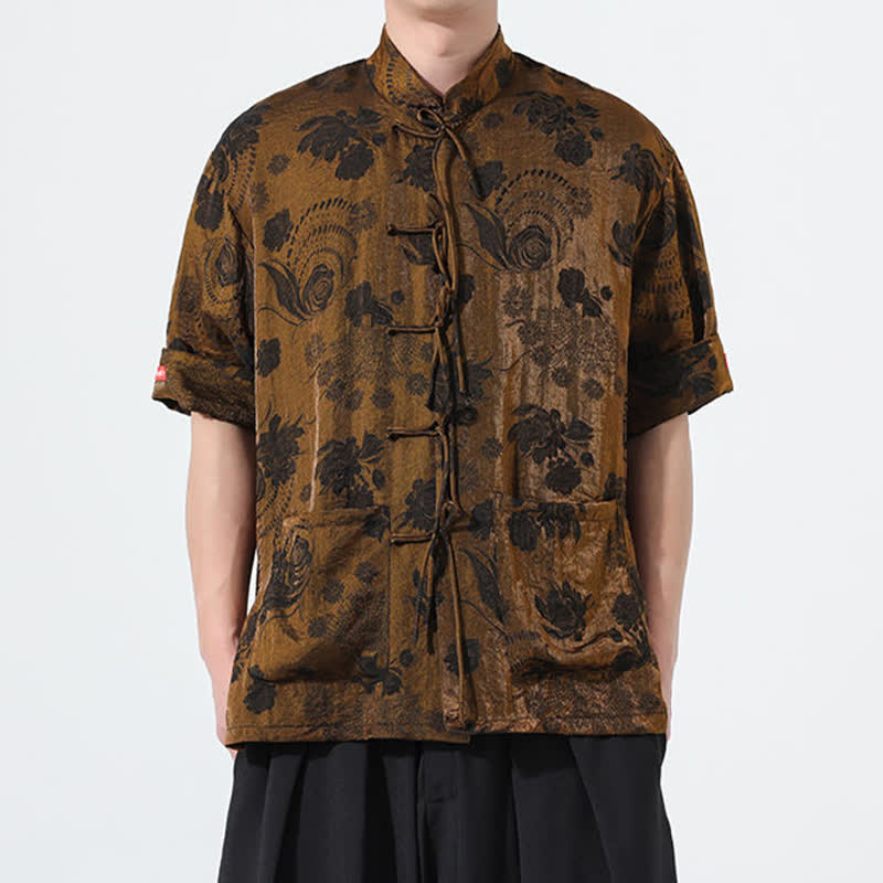 Buddha Stones 夏物 唐風 マンダリンカラー 花柄ジャカード メンズ 半袖シャツ ポケット付き - image 29