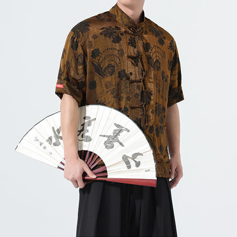 Buddha Stones 夏物 唐風 マンダリンカラー 花柄ジャカード メンズ 半袖シャツ ポケット付き - image 30