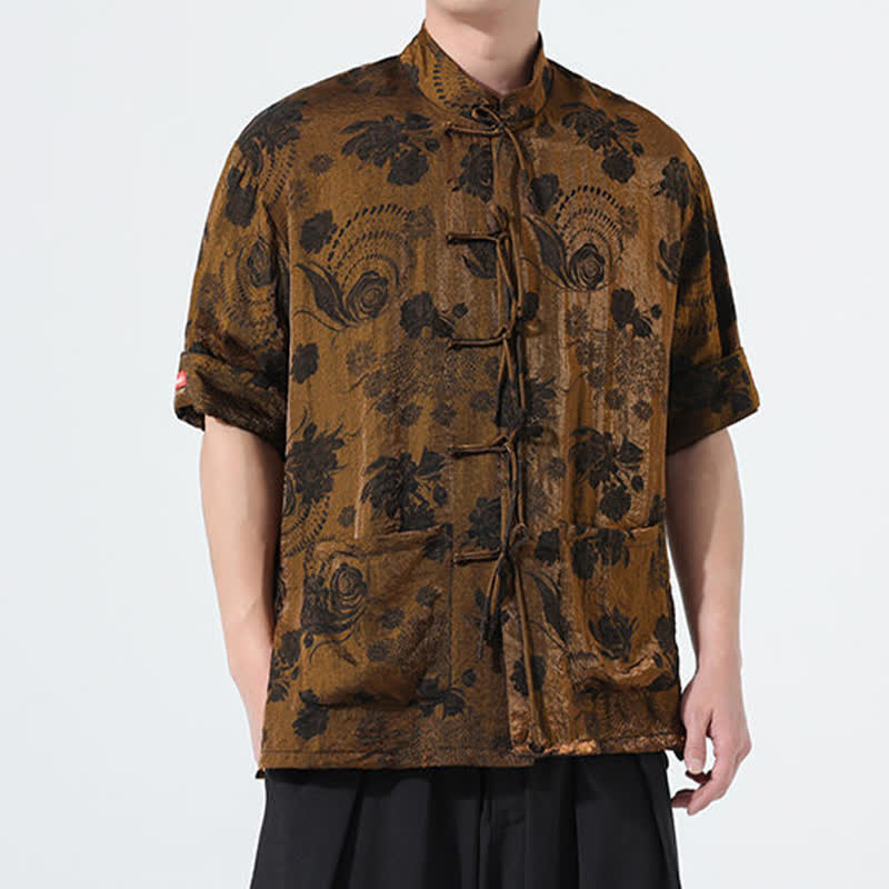Buddha Stones 夏物 唐風 マンダリンカラー 花柄ジャカード メンズ 半袖シャツ ポケット付き - image 25