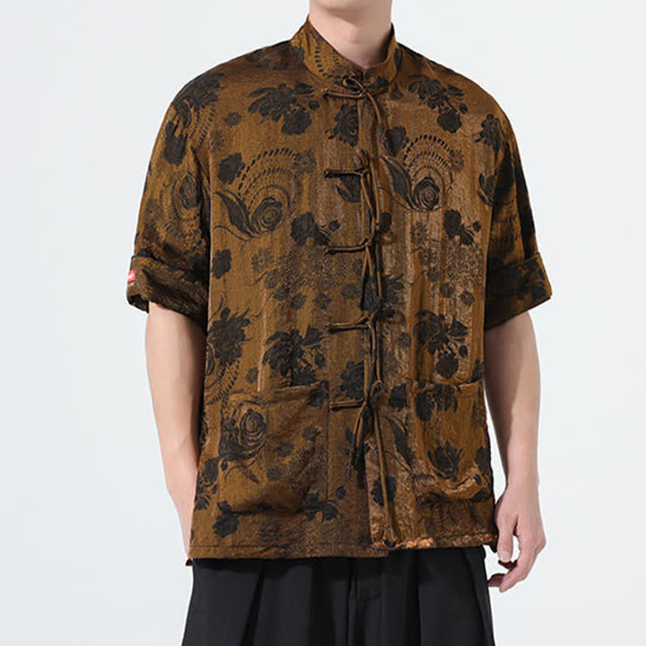 Buddha Stones 夏物 唐風 マンダリンカラー 花柄ジャカード メンズ 半袖シャツ ポケット付き - image 25