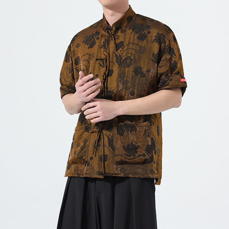 Buddha Stones 夏物 唐風 マンダリンカラー 花柄ジャカード メンズ 半袖シャツ ポケット付き - image 28