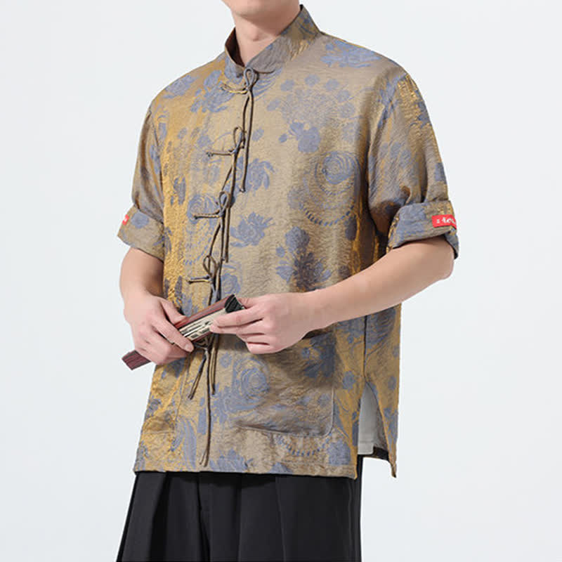 Buddha Stones 夏物 唐風 マンダリンカラー 花柄ジャカード メンズ 半袖シャツ ポケット付き - image 5