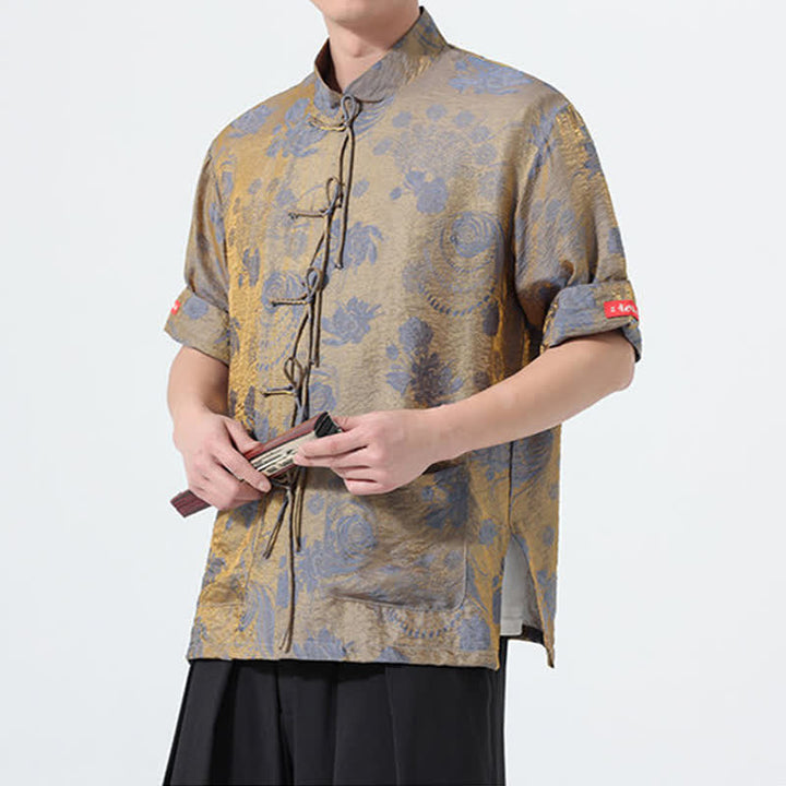 Buddha Stones 夏物 唐風 マンダリンカラー 花柄ジャカード メンズ 半袖シャツ ポケット付き - image 5