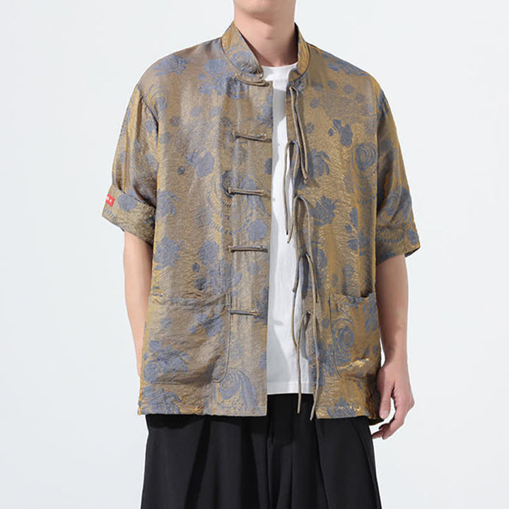 Buddha Stones 夏物 唐風 マンダリンカラー 花柄ジャカード メンズ 半袖シャツ ポケット付き - image 3