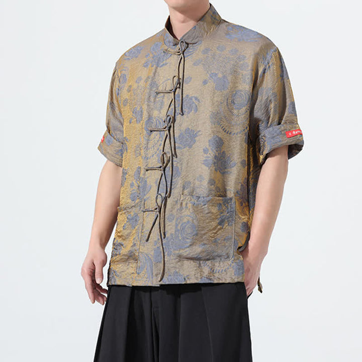 Buddha Stones 夏物 唐風 マンダリンカラー 花柄ジャカード メンズ 半袖シャツ ポケット付き - image 6