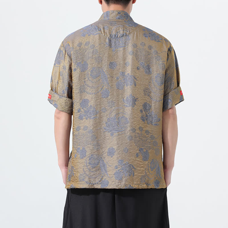 Buddha Stones 夏物 唐風 マンダリンカラー 花柄ジャカード メンズ 半袖シャツ ポケット付き - image 1
