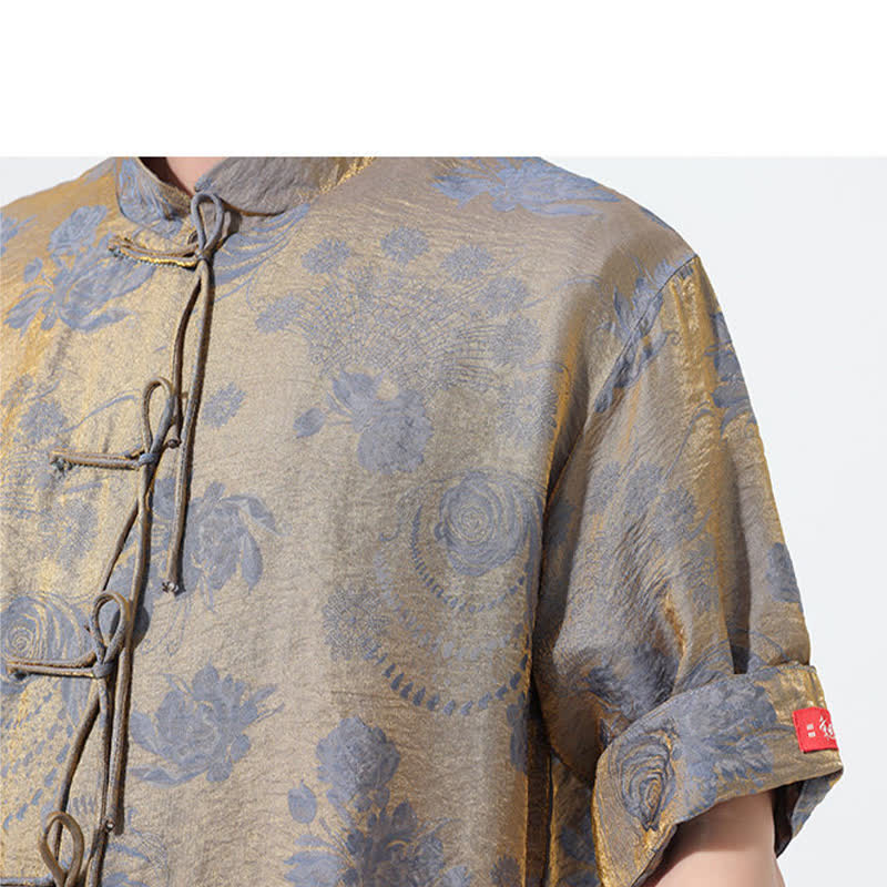 Buddha Stones 夏物 唐風 マンダリンカラー 花柄ジャカード メンズ 半袖シャツ ポケット付き - image 10
